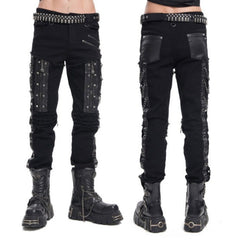 Distressed Black Denim Pants with Faux Leather and Chain Accents