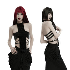 Unholy Black Spike Studded Strappy Cross Halter Top