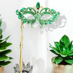Bright Emerald Green Masquerade Mask with Stick Handle