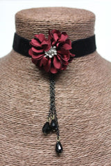 Delicate Dark Red Flower Velvet Black Choker
