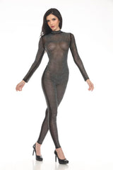 Sexy Black Mesh Rhinestone Catsuit
