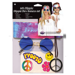 Instant Hippie Kit w/ Tie Dye Headband, Glasses, Peace Sign Necklace, & Tattoos