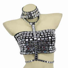 Silver Rhinestone Strappy Mock Neck Club Top