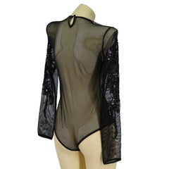 Black Mesh Sequin Pattern Bodysuit