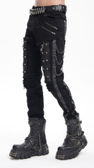 Distressed Black Denim Pants with Faux Leather and Chain Accents