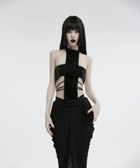 Unholy Black Spike Studded Strappy Cross Halter Top