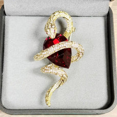 Gold Snake Brooch Pin with Red Ruby Gem