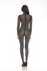 Sexy Black Mesh Rhinestone Catsuit