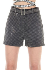 Black Rhinestone Belted Shorts