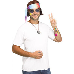Instant Hippie Kit w/ Tie Dye Headband, Glasses, Peace Sign Necklace, & Tattoos