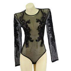 Black Mesh Sequin Pattern Bodysuit