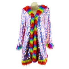 Rainbow Hooded Faux Fur Jacket with Sequins