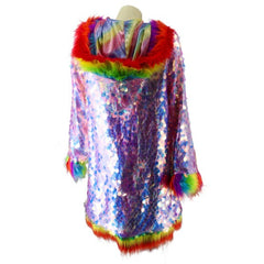 Rainbow Hooded Faux Fur Jacket with Sequins