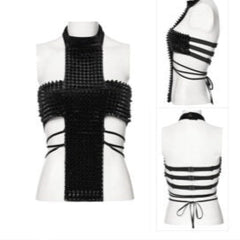 Unholy Black Spike Studded Strappy Cross Halter Top
