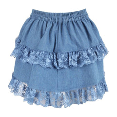 Blue Denim Ruched Lace Bustle Skirt