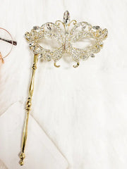 Elegant Crystal Masquerade Mask with Stick Handle