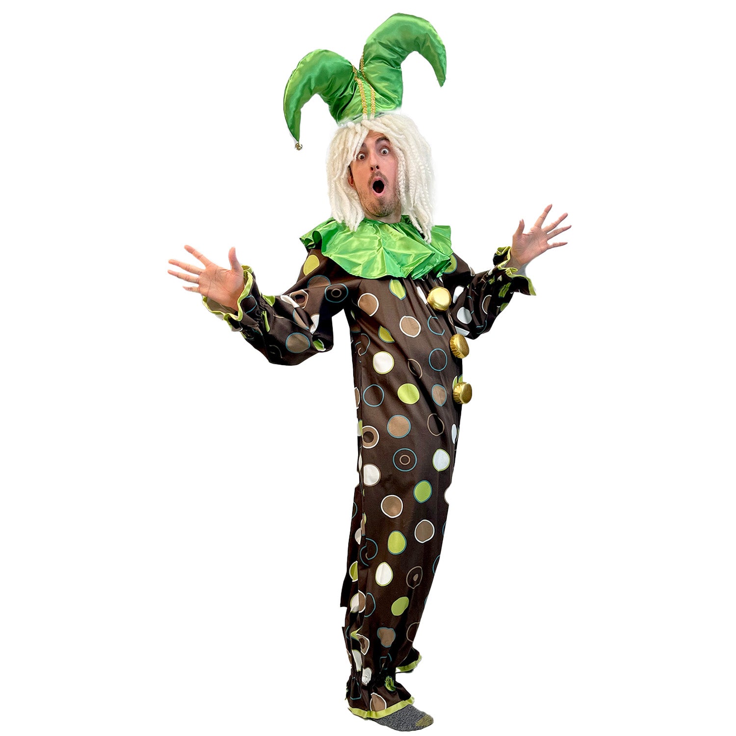Brown and Green Polka Dot Clown Costume w/ Ruffle Collar and Jester Clown Hat