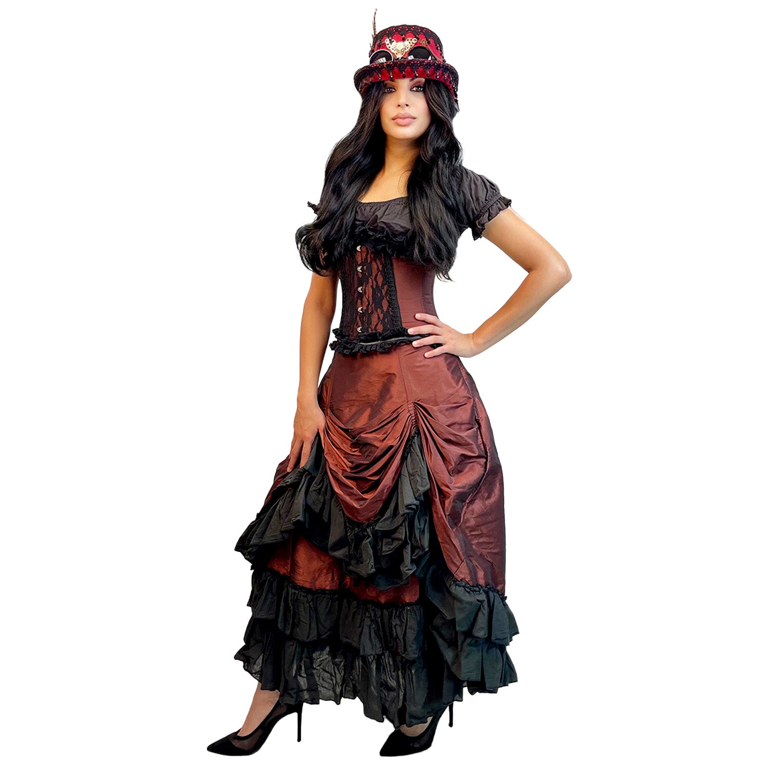 Womens Deluxe Steampunk Costume + Hat Ladies Victorian Gothic Fancy Dress S  - XL