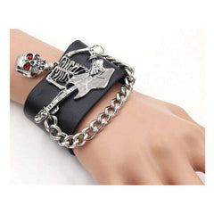 Leather Chain Bracelet with Skeleton and Guitar