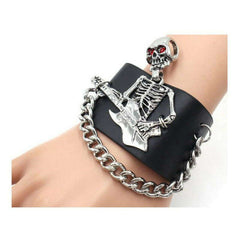 Leather Chain Bracelet with Skeleton and Guitar