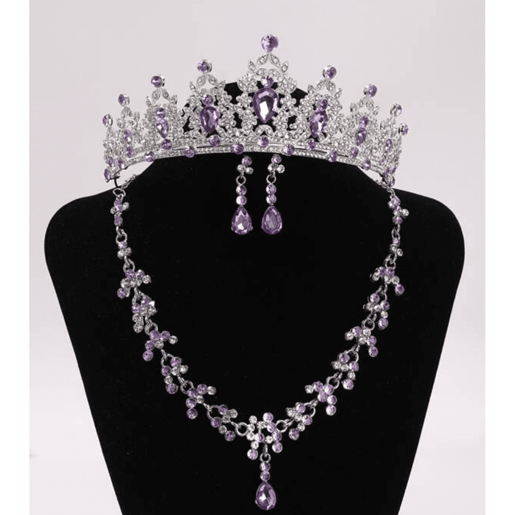 Lilac Purple Rhinestone Tiara Set with Necklace and Earrings