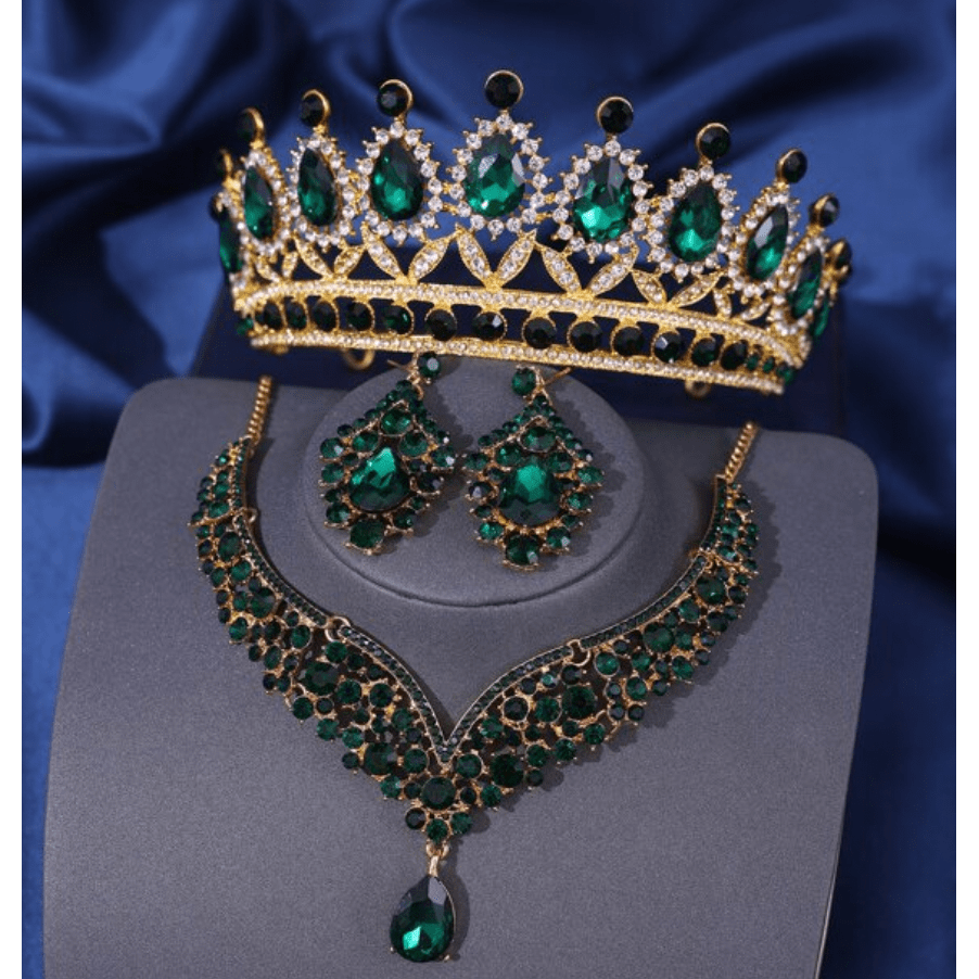 Luxurious Emerald Green and Gold Rhinestone Tiara, Necklace and Earring Set