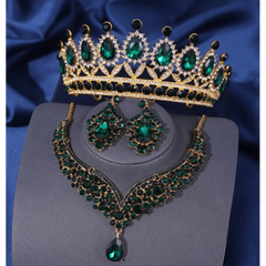 Luxurious Emerald Green and Gold Rhinestone Tiara, Necklace and Earring Set