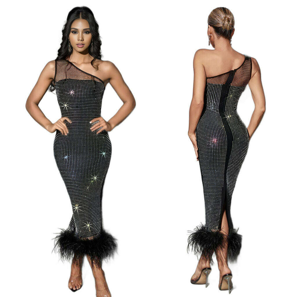 Mesmerizing Rhinestone Off-Shoulder Maxi Dress with Black Fur Hem