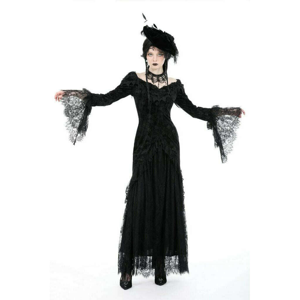 Morticia Gothic Lace Velvet Maxi Dress