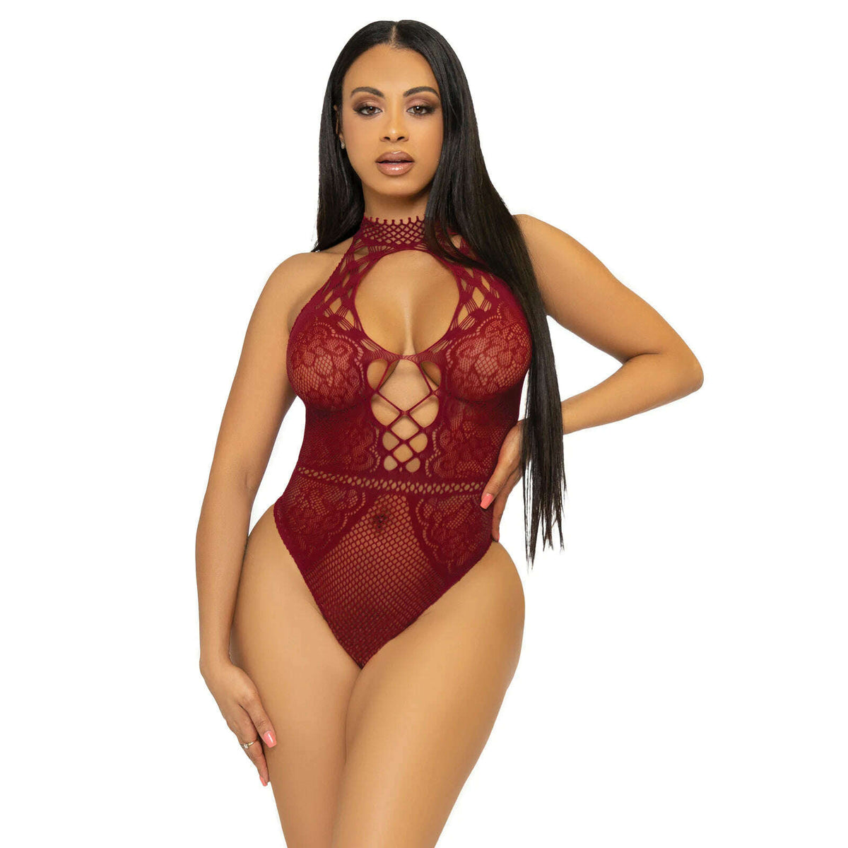 Net & Lace Keyhole Halter Bodysuit