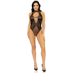 Net & Lace Keyhole Halter Bodysuit