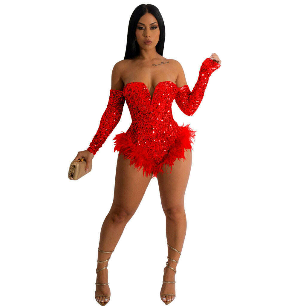 Off Shoulder Sequin Bodysuit with Fur Trim