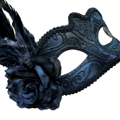 Black Feathered Rose Mask