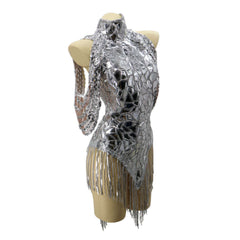 Open Back High Neck Reflective Silver Bodysuit w/ Fringe