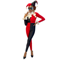 DC Comic Harlequin Jester Adult Costume Jumpsuit w/ Jester Hat and Mask