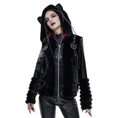 Plush Black Cat Ear Hooded Pentagram Harness Jacket