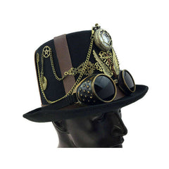 Premium Black Steampunk Hat w/ Attached Goggles, Gears, Chains, and Pocket Watch