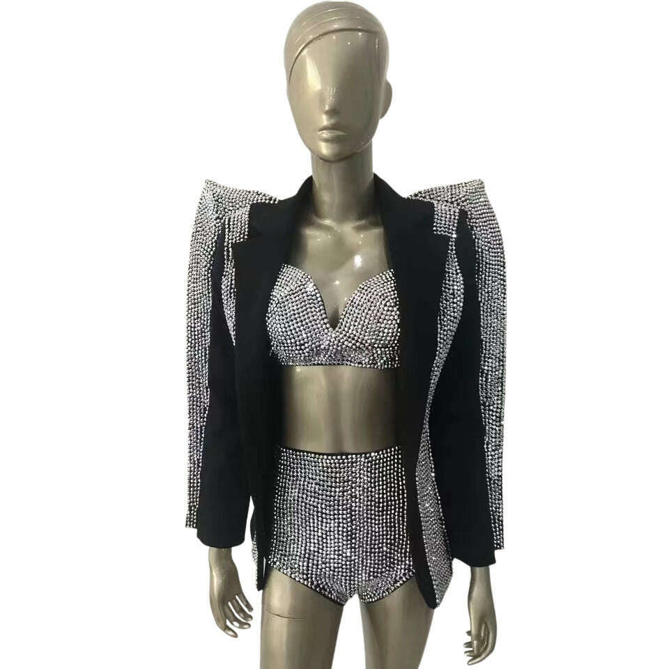 Puff Shoulder Blazer with Rhinestone Trimming