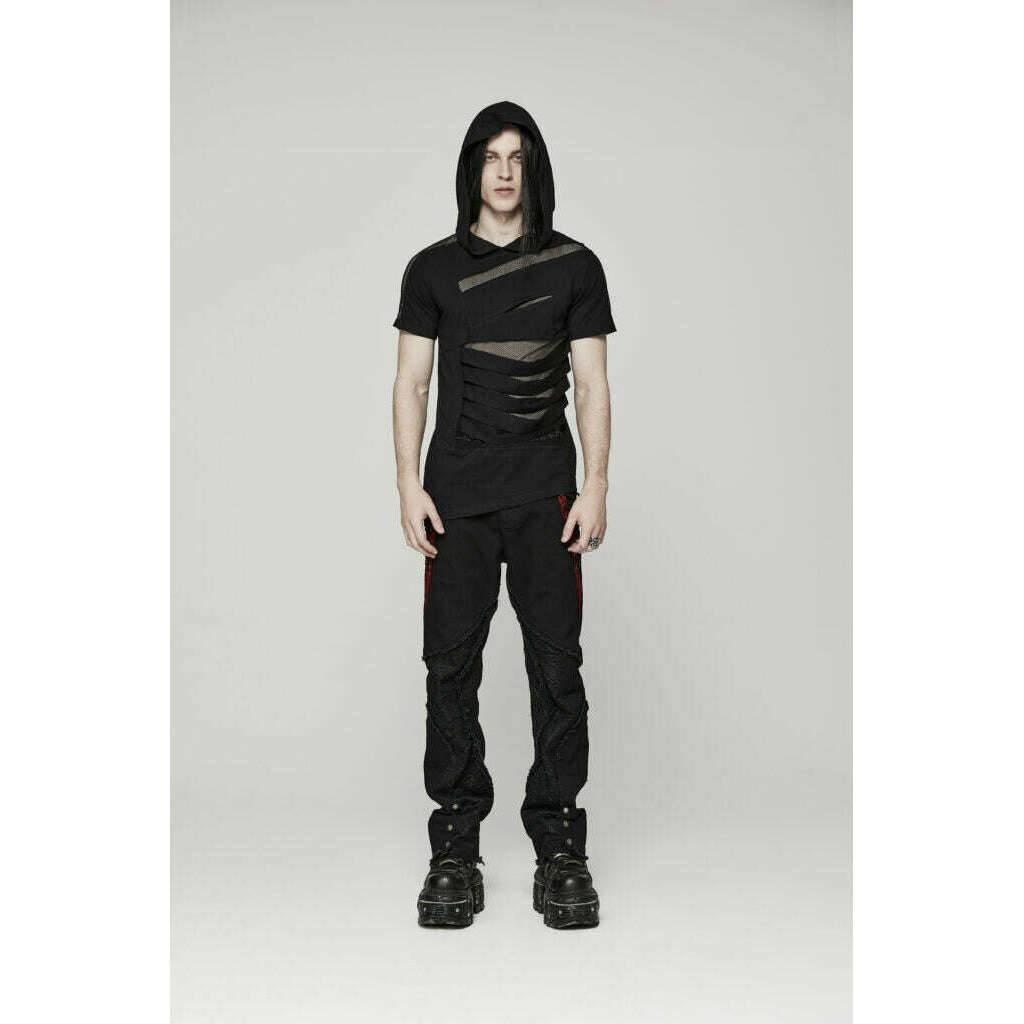 Punk Rave Slashed Mesh Inset Hooded T-Shirt