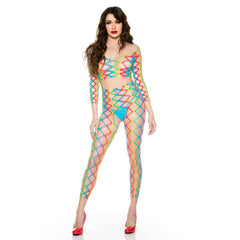 Rainbow Fence Net Long Sleeve Crop Top & Crotchless Tights Set