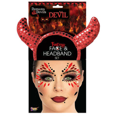 Red Sequin Devil Horn Headband & Face Stickers