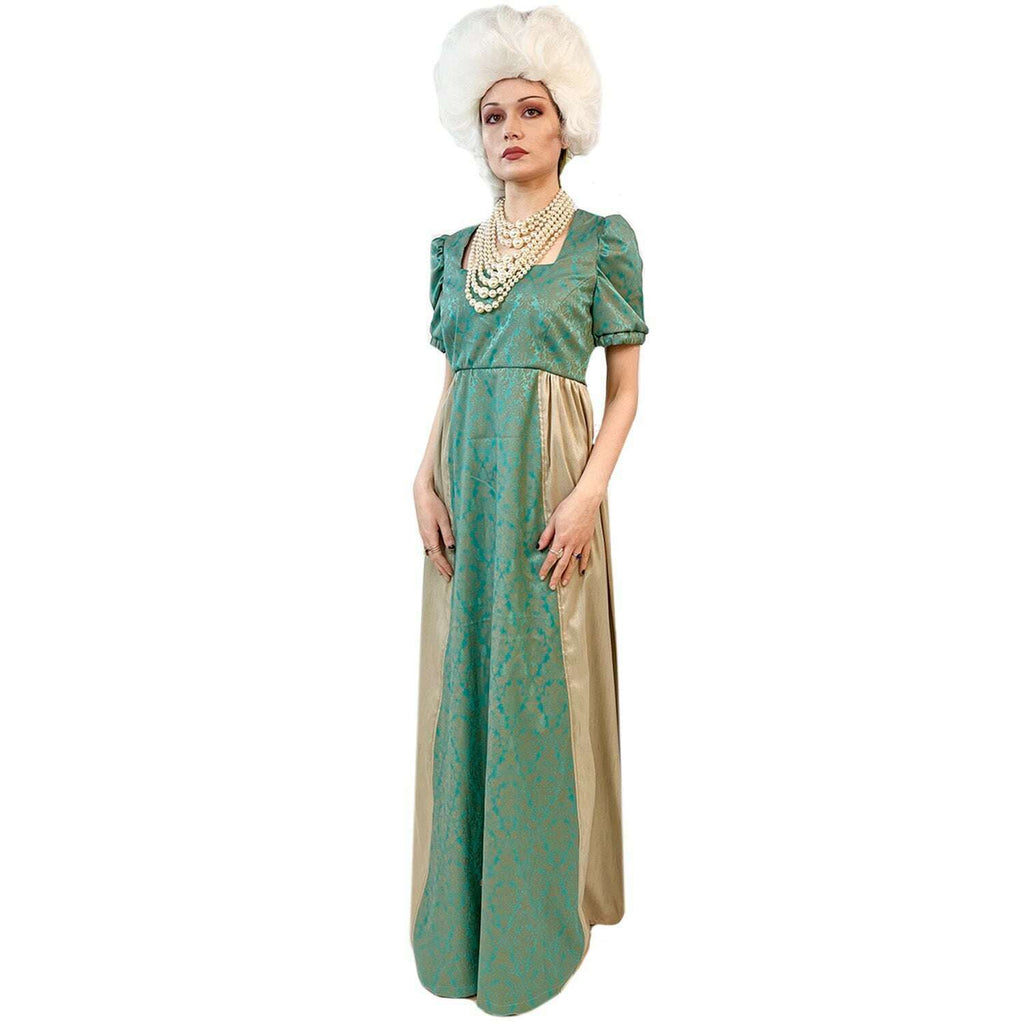 Regency Gold & Green Square Neck Dress Women's Costume Rent / Small