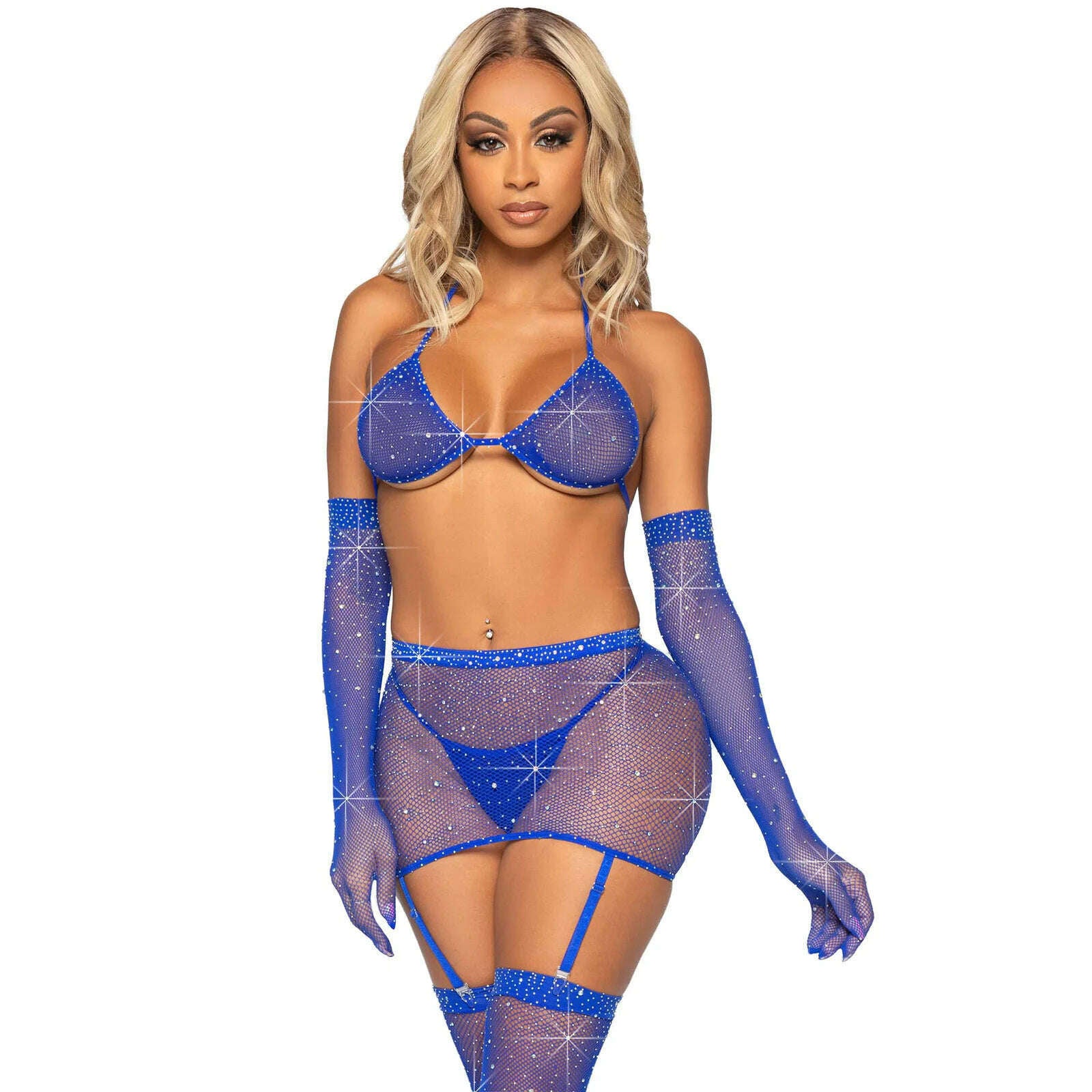 Rhinestone Fishnet Garter Skirt Set