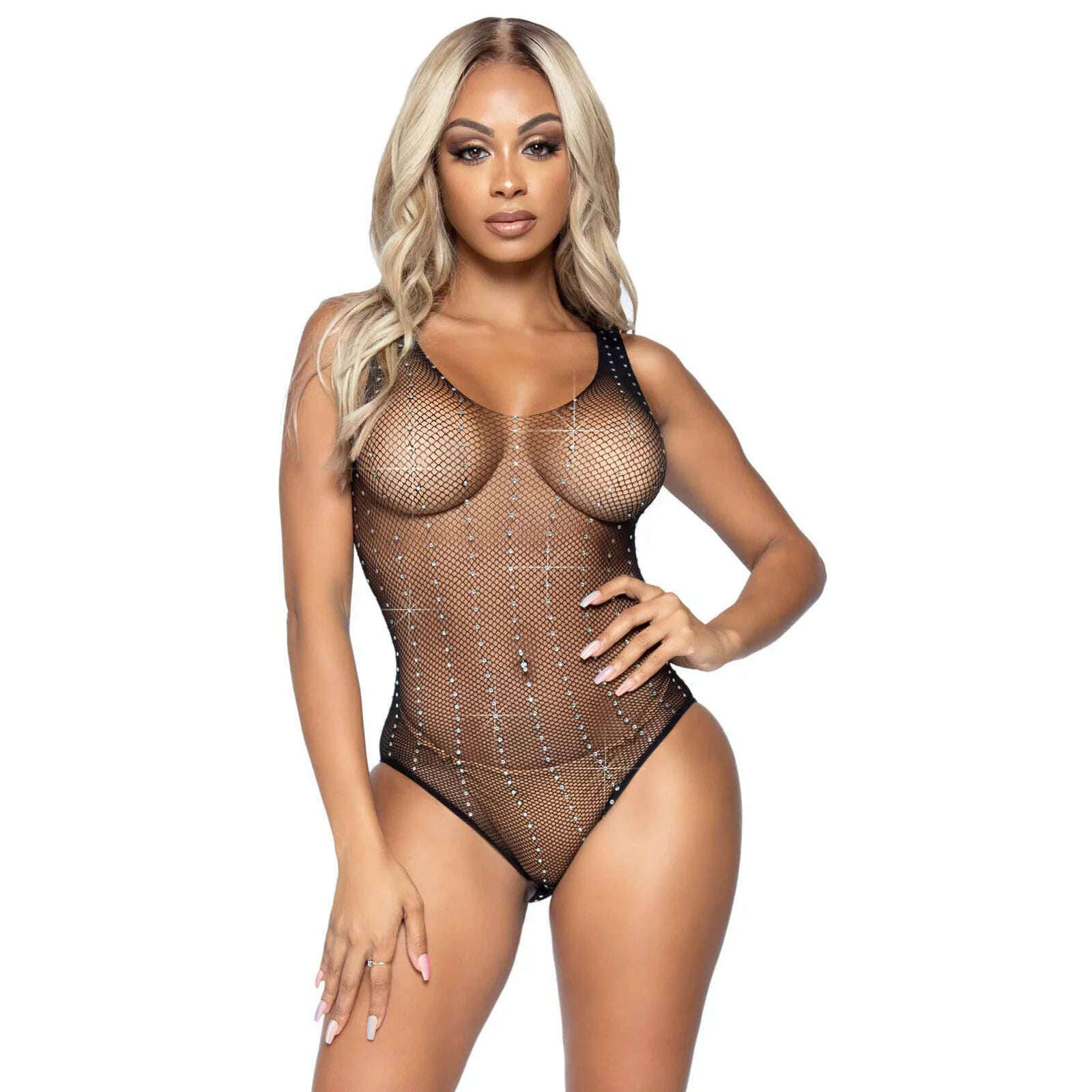 Rhinestone Fishnet Snap Crotch Bodysuit