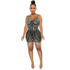 Rhinestone Fringed Mesh Dress