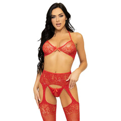 Rhinestone Lace Bra, G-String & Stockings Set