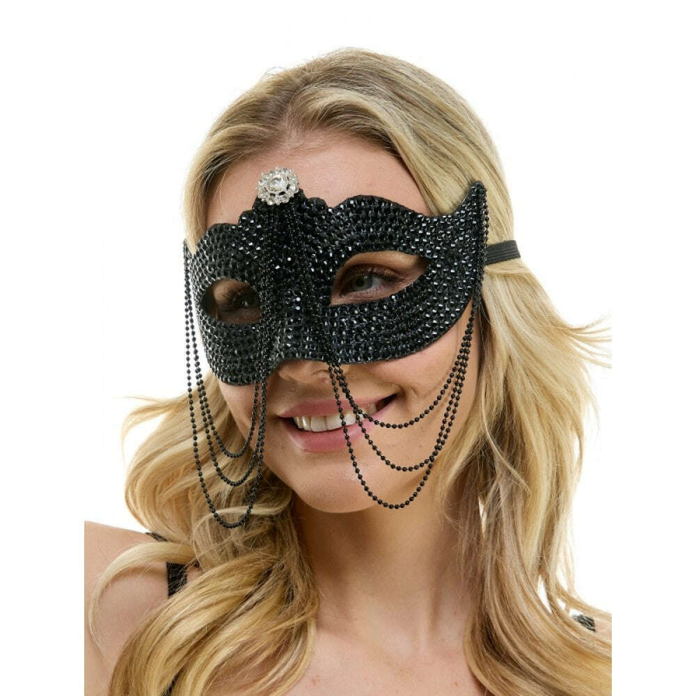 Rhinestone Venetian Mask w/ Long Chains