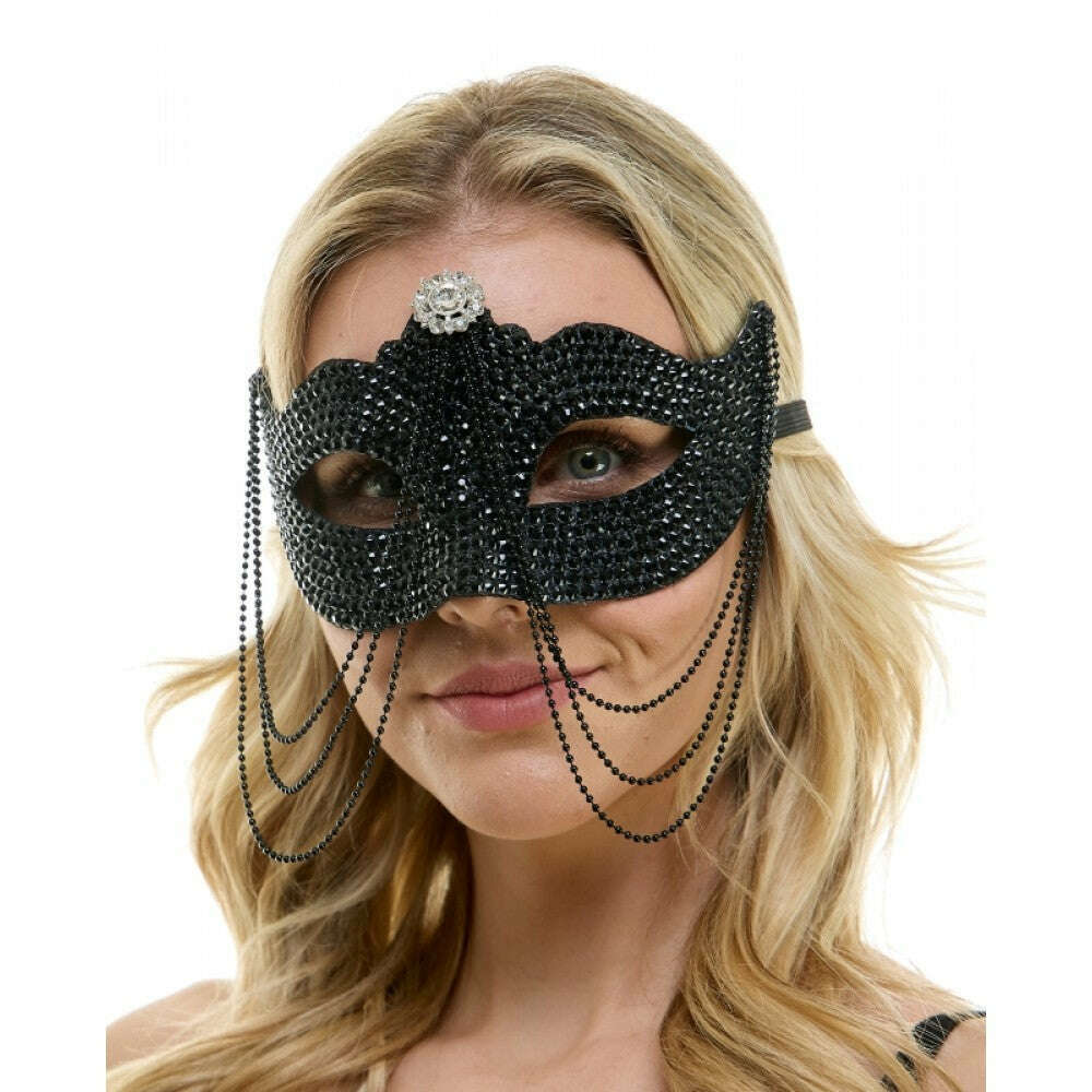 Rhinestone Venetian Mask w/ Long Chains