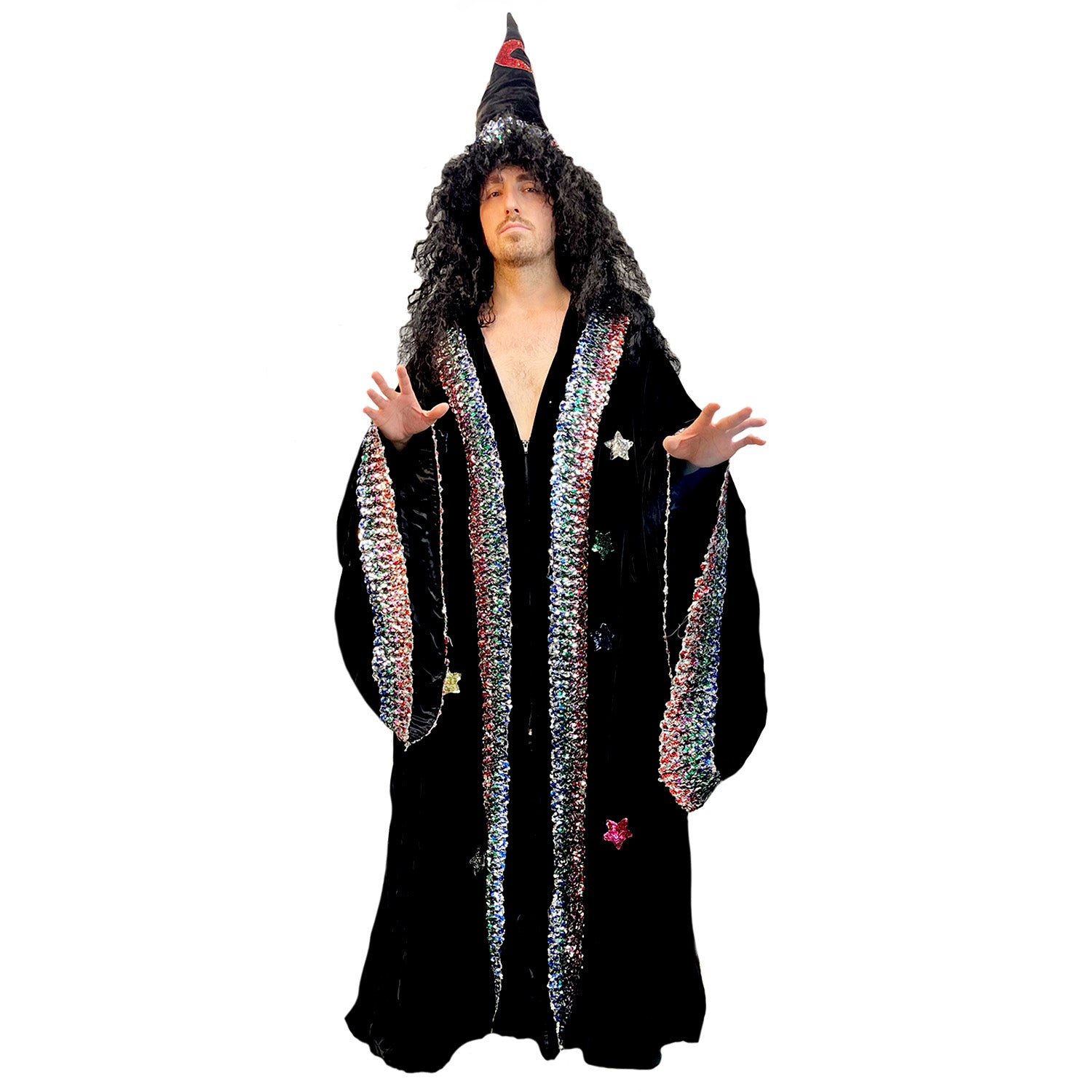 Dark Fantasy Adult Black Wizard Cloak w/ Sequins and Wizard Hat