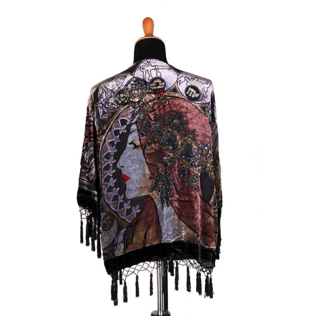 Short Beaded Fringe Shawl with Female Portrait Design